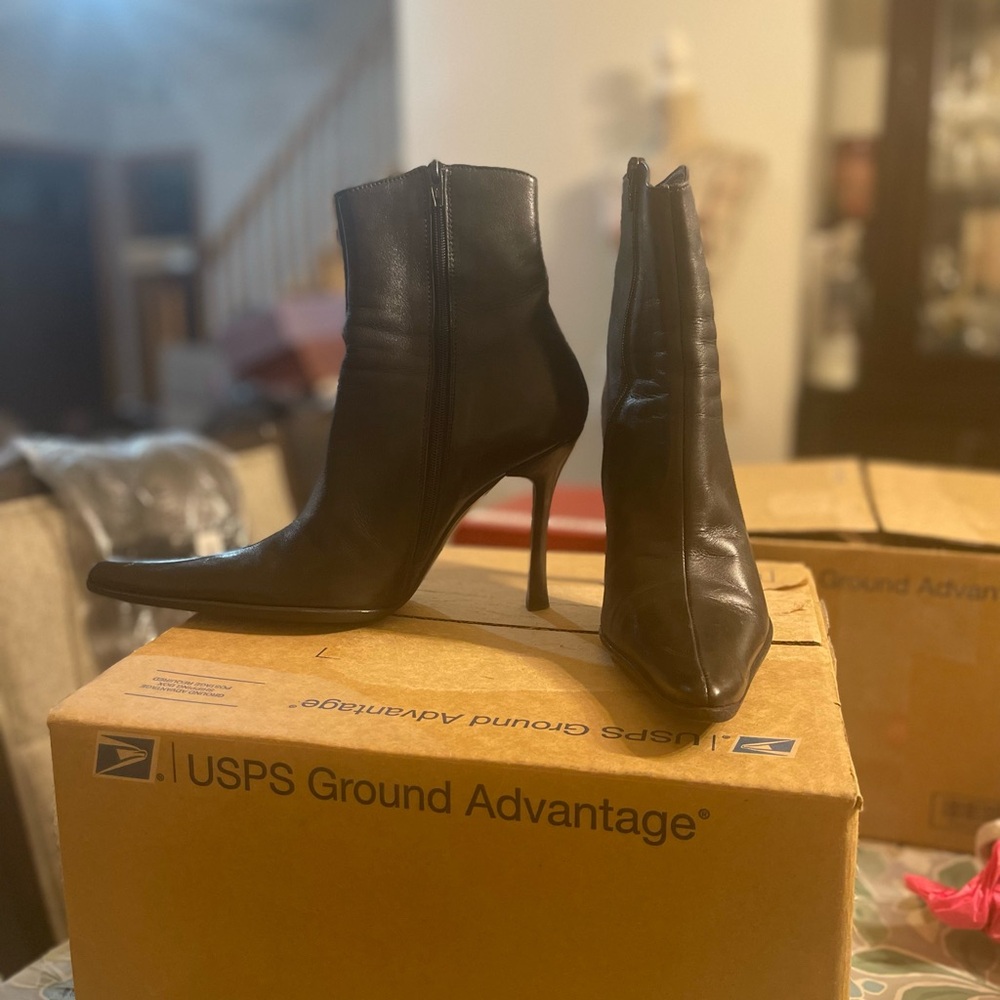Classic Black Leather Pointed-Toe Stiletto Ankle Boots